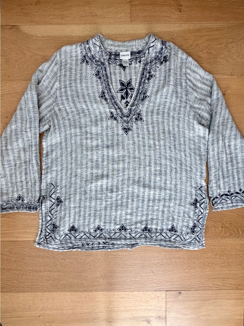 Chico's Linen Embroidered Tunic Top Black Cream Stripe Sz 3/XL Boho Coastal EUC